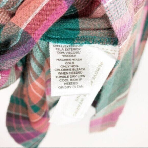 Ann Taylor LOFT | Off Shoulder Green Mauve Plaid Blouse Size Medium - Picture 7 of 8